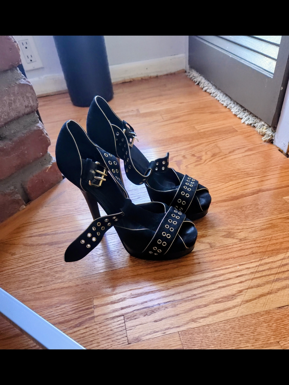 Size 7 Black Studded Fendi Platform High Heel Sandals with Ankle Buckle